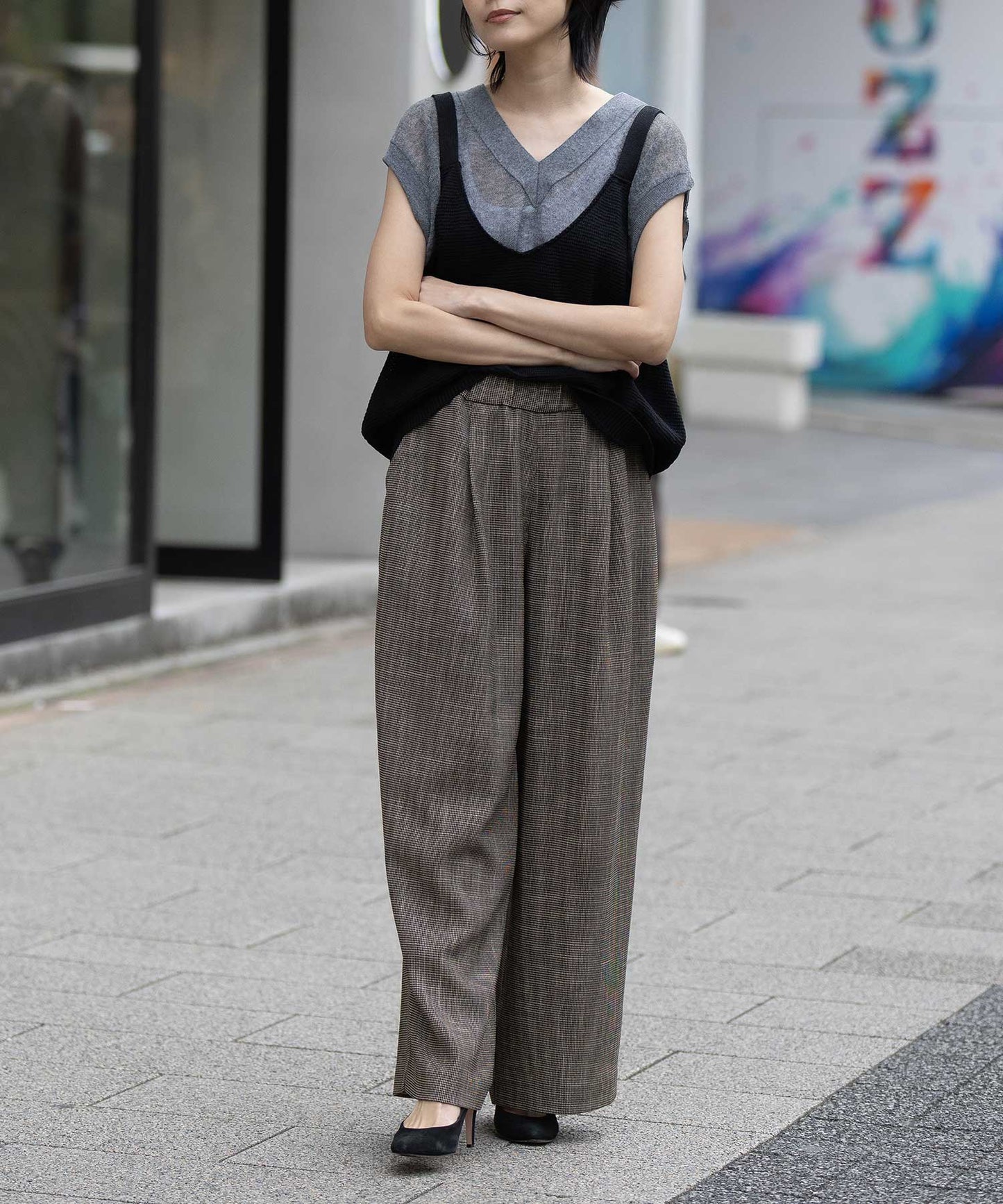 【吸水・速乾性】ポリエステルレーヨンカラミ織りワイドパンツ