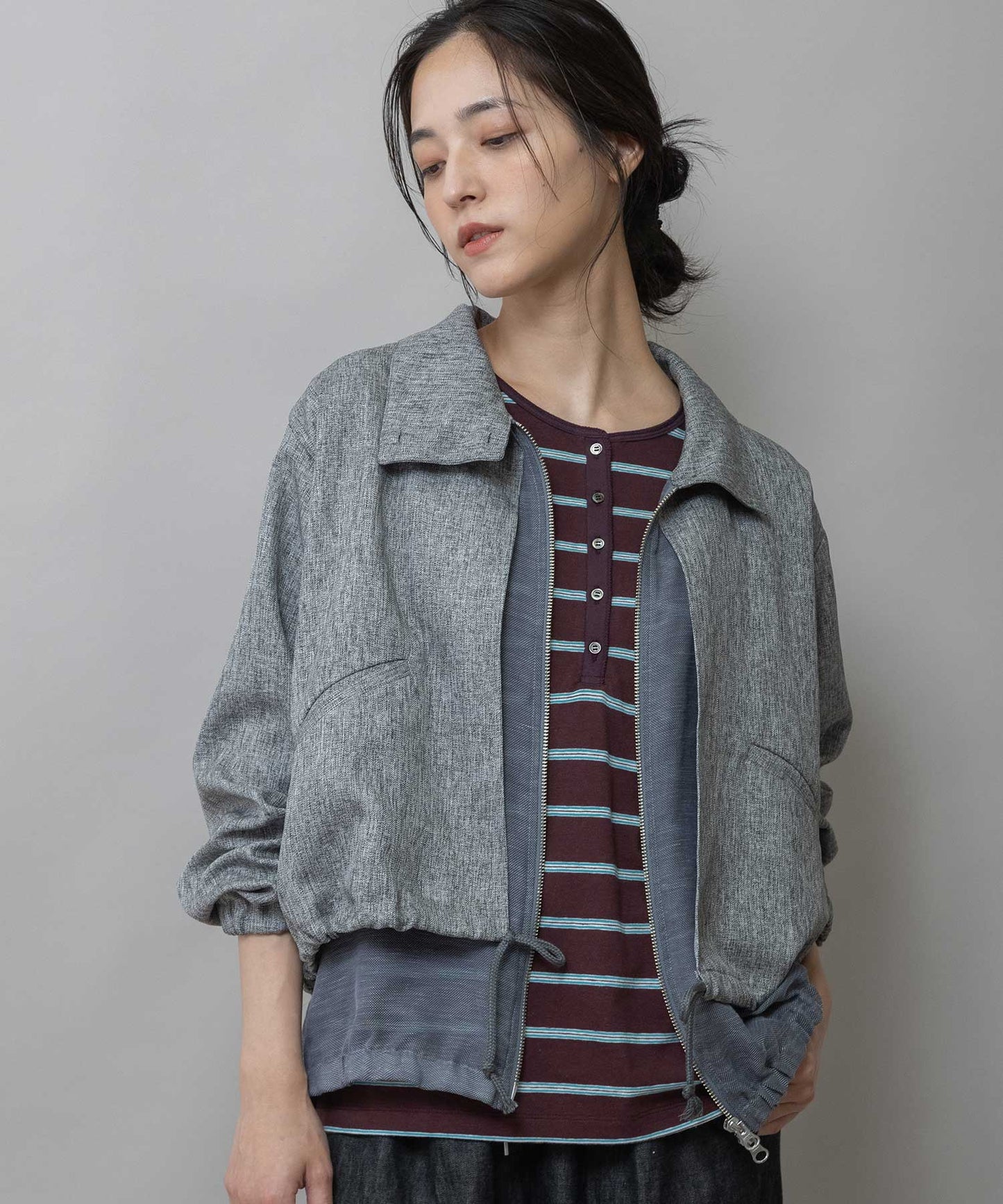 【ウォッシャブル】【防シワ】ツイード調ツイル×メッシュレイヤードジップブルゾン