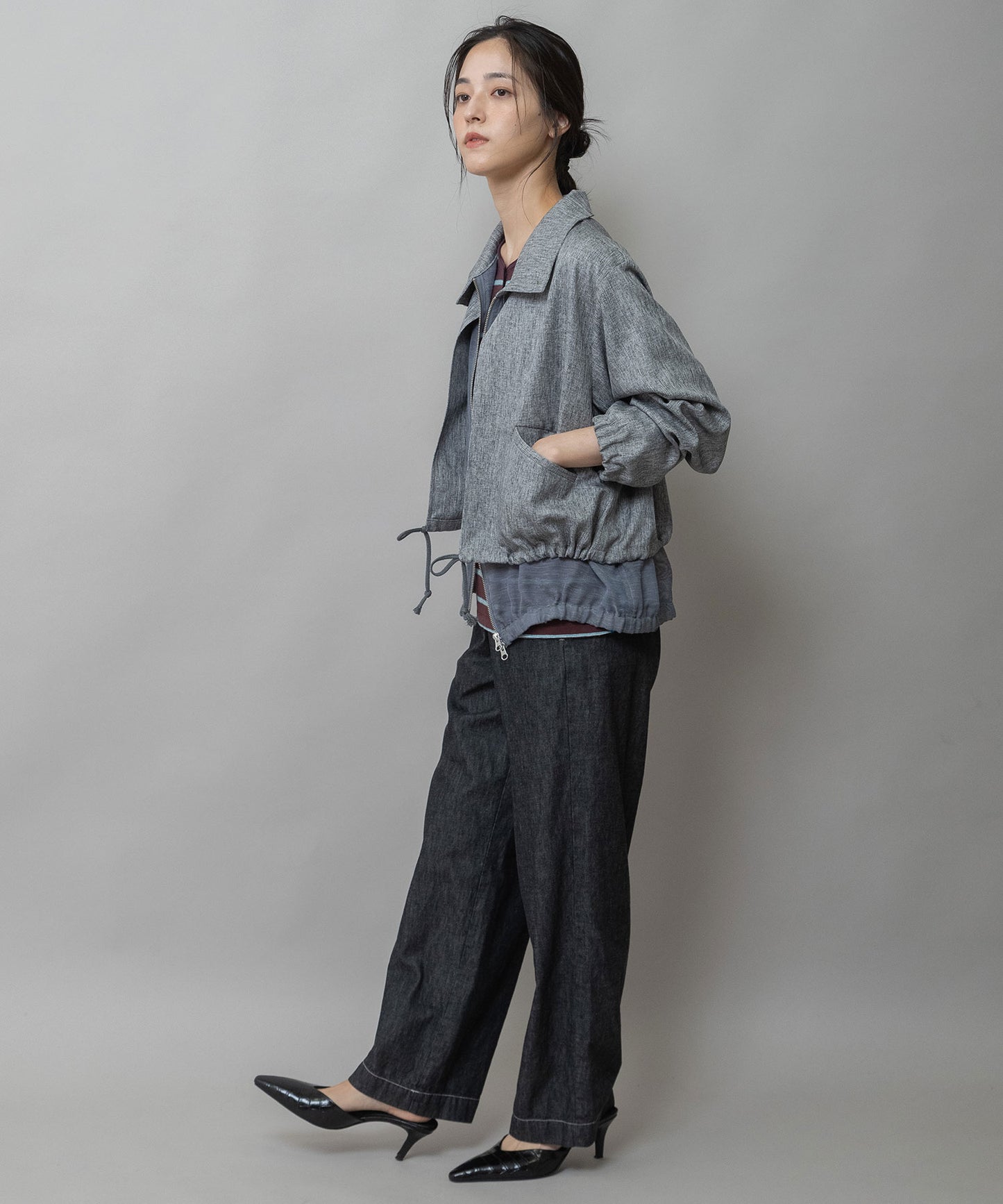 【ウォッシャブル】【防シワ】ツイード調ツイル×メッシュレイヤードジップブルゾン