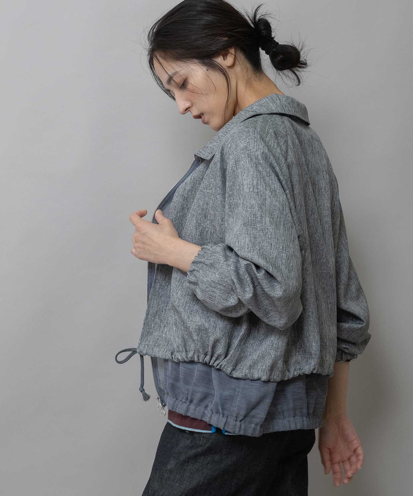 【ウォッシャブル】【防シワ】ツイード調ツイル×メッシュレイヤードジップブルゾン