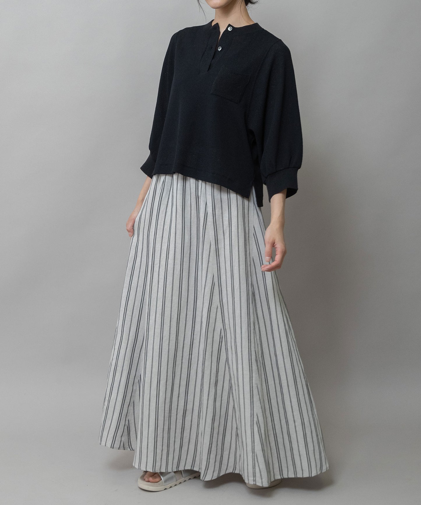 リネンビスコースマルチストライプフレアスカート