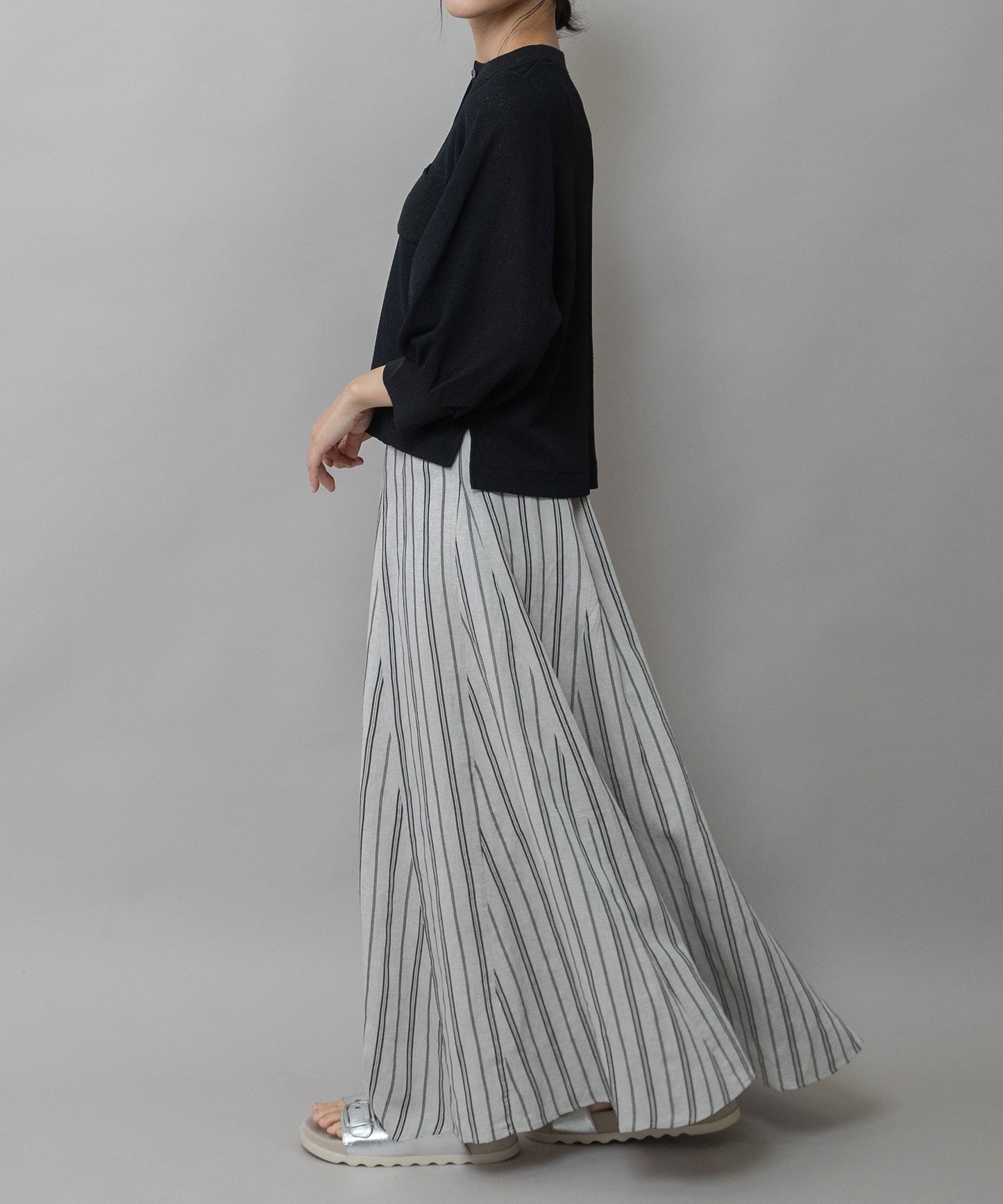 リネンビスコースマルチストライプフレアスカート