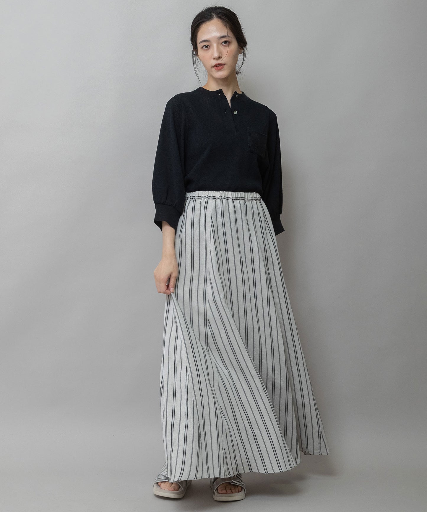 リネンビスコースマルチストライプフレアスカート