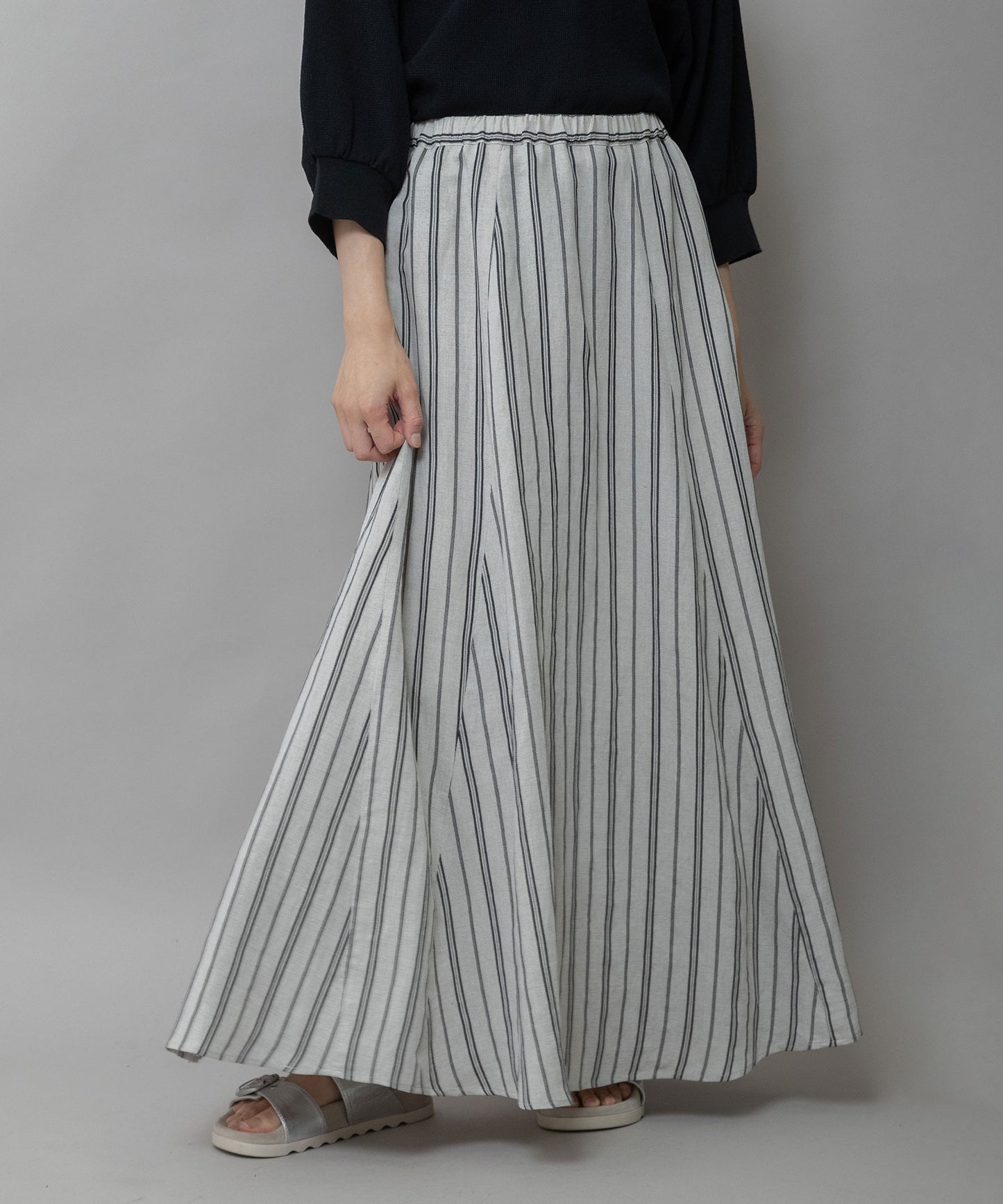 リネンビスコースマルチストライプフレアスカート