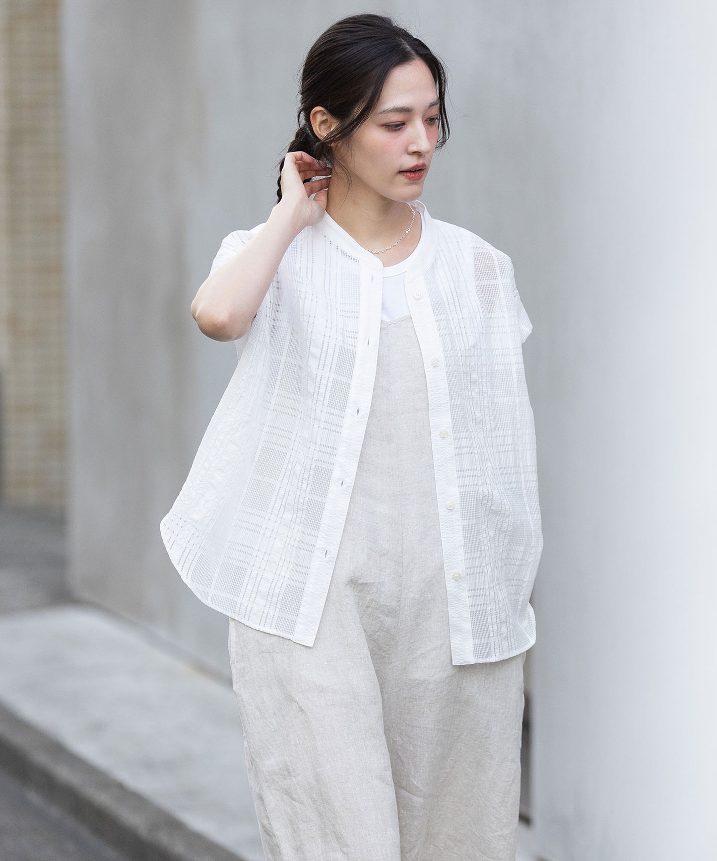 シアージャガードチェック×シワ加工ローンタックスリーブシャツ