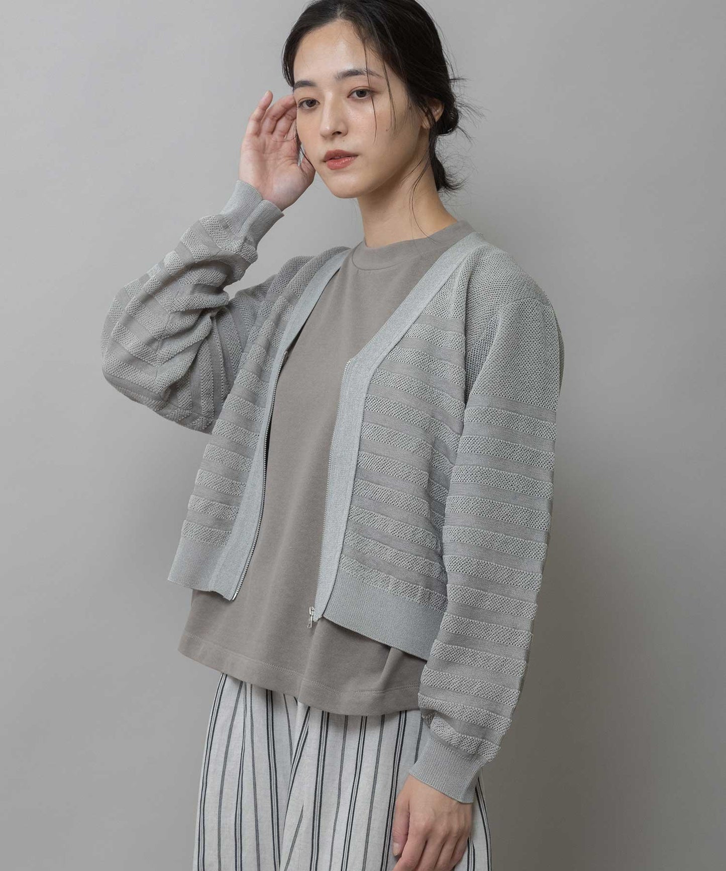 メッシュジャガードボーダーニットジップカーディガン