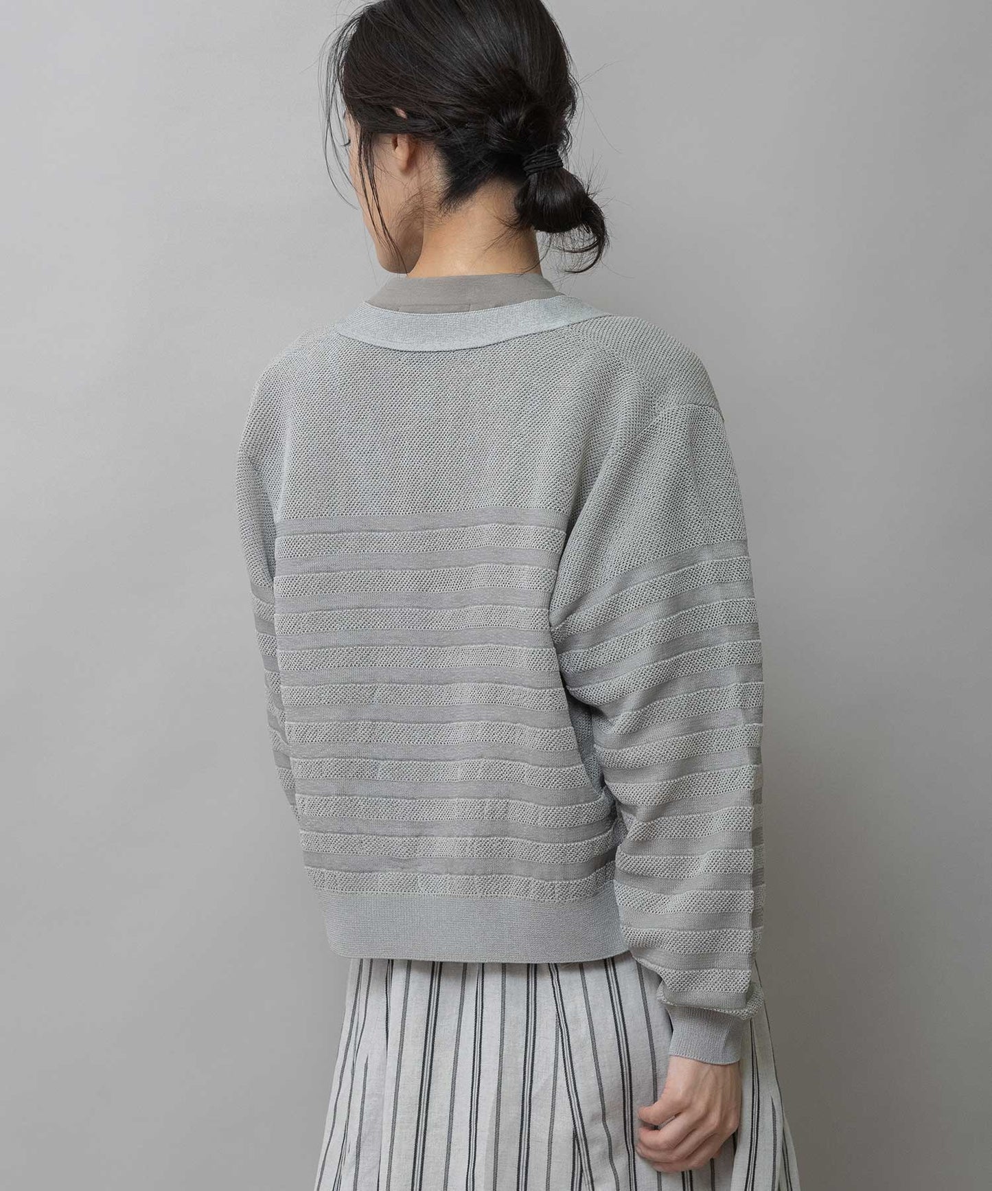 メッシュジャガードボーダーニットジップカーディガン