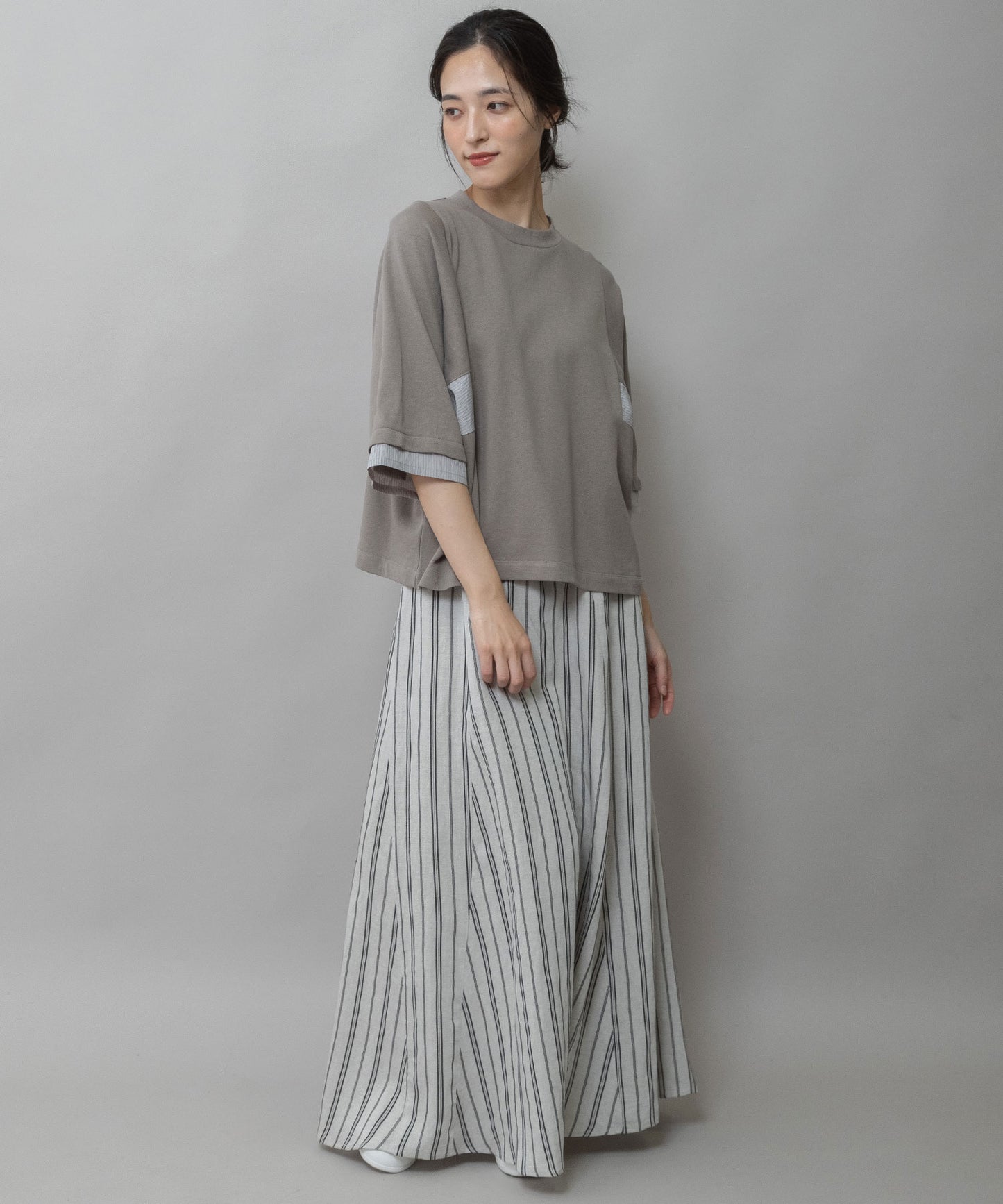 裏毛×ストライプドッキングTシャツ