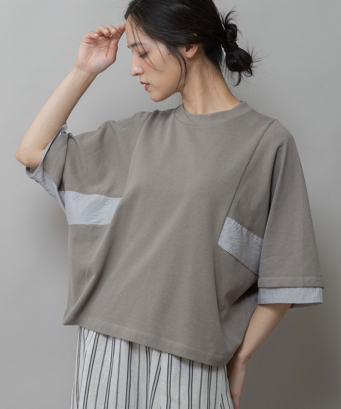 裏毛×ストライプドッキングTシャツ