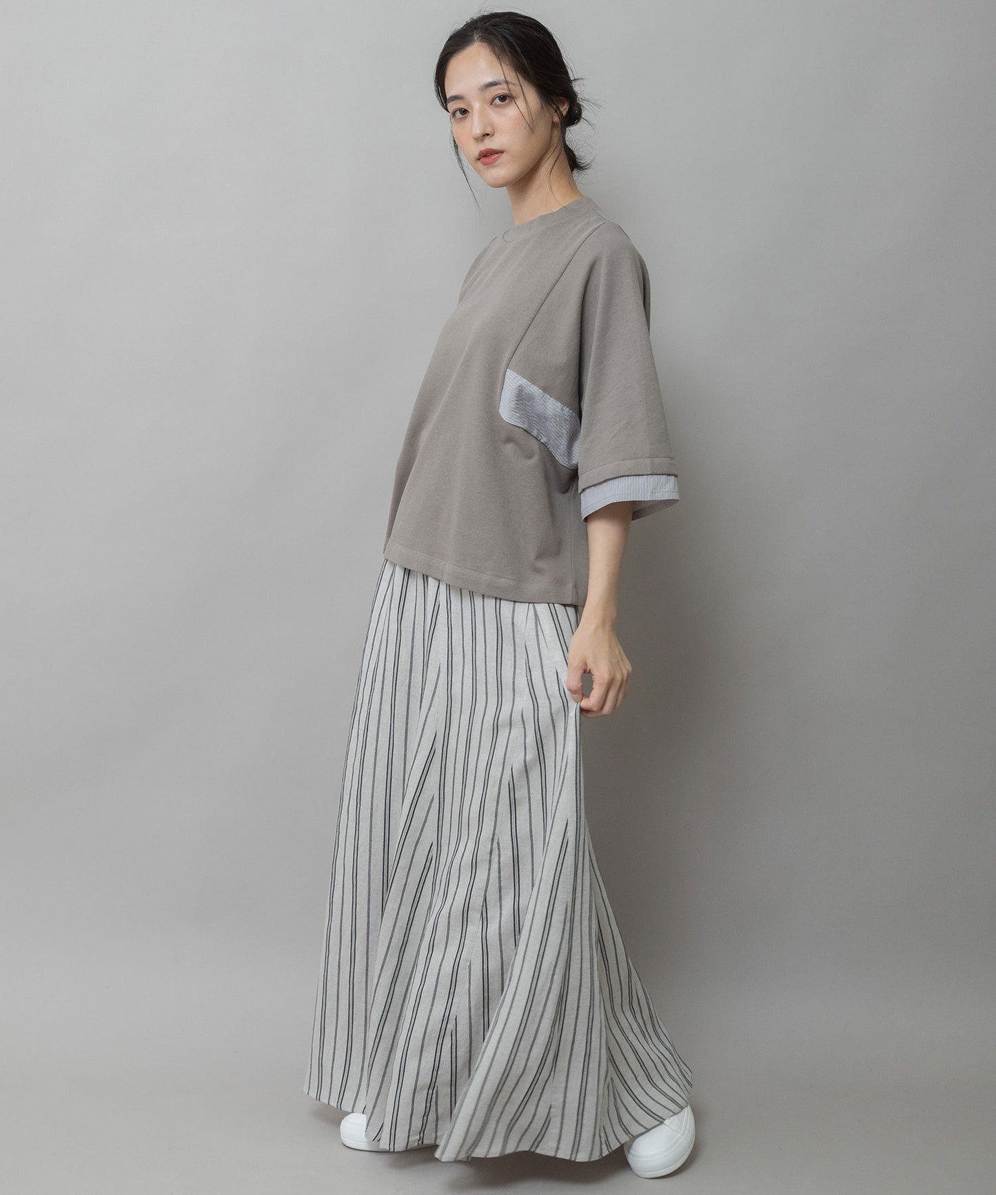 裏毛×ストライプドッキングTシャツ