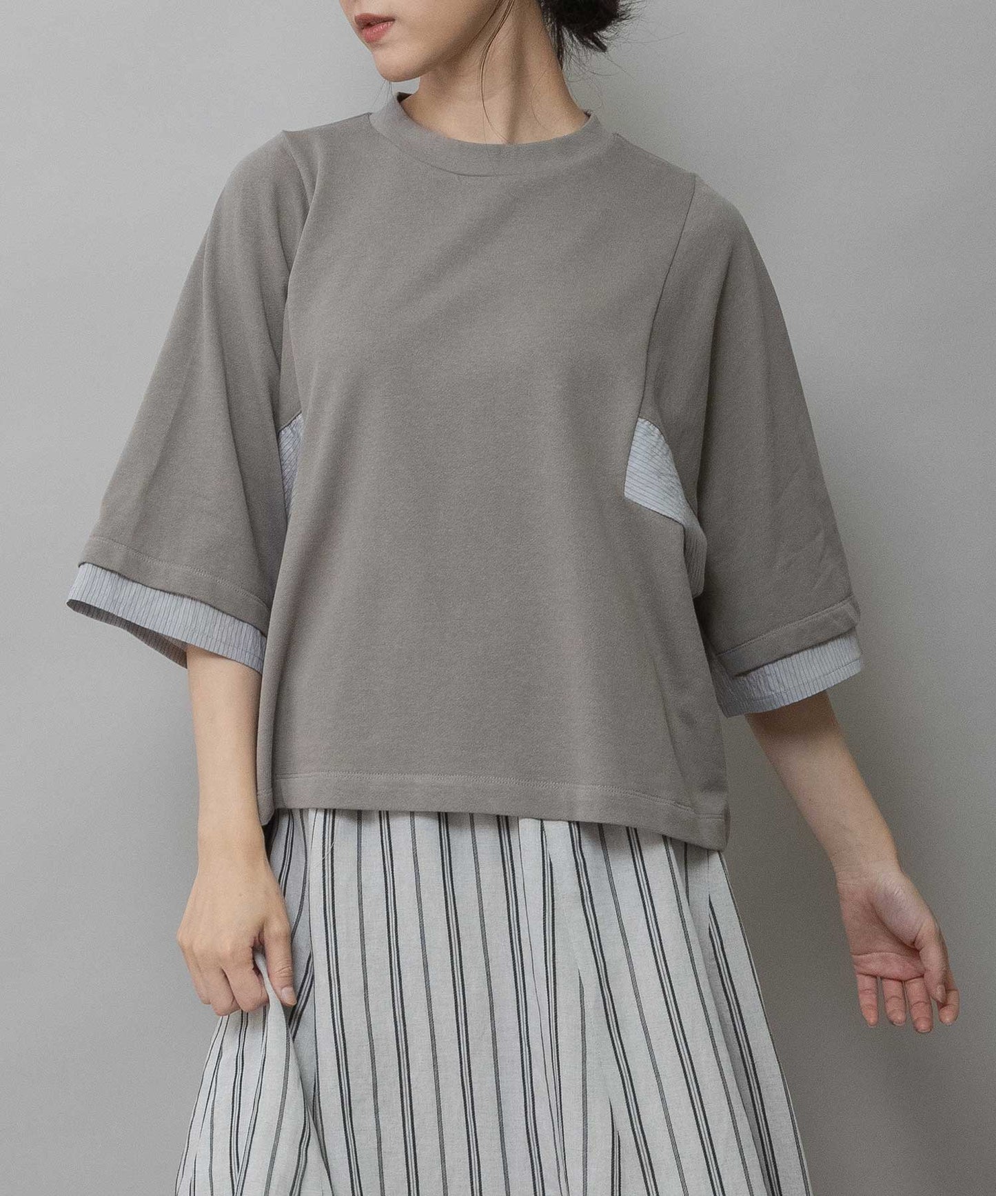 裏毛×ストライプドッキングTシャツ