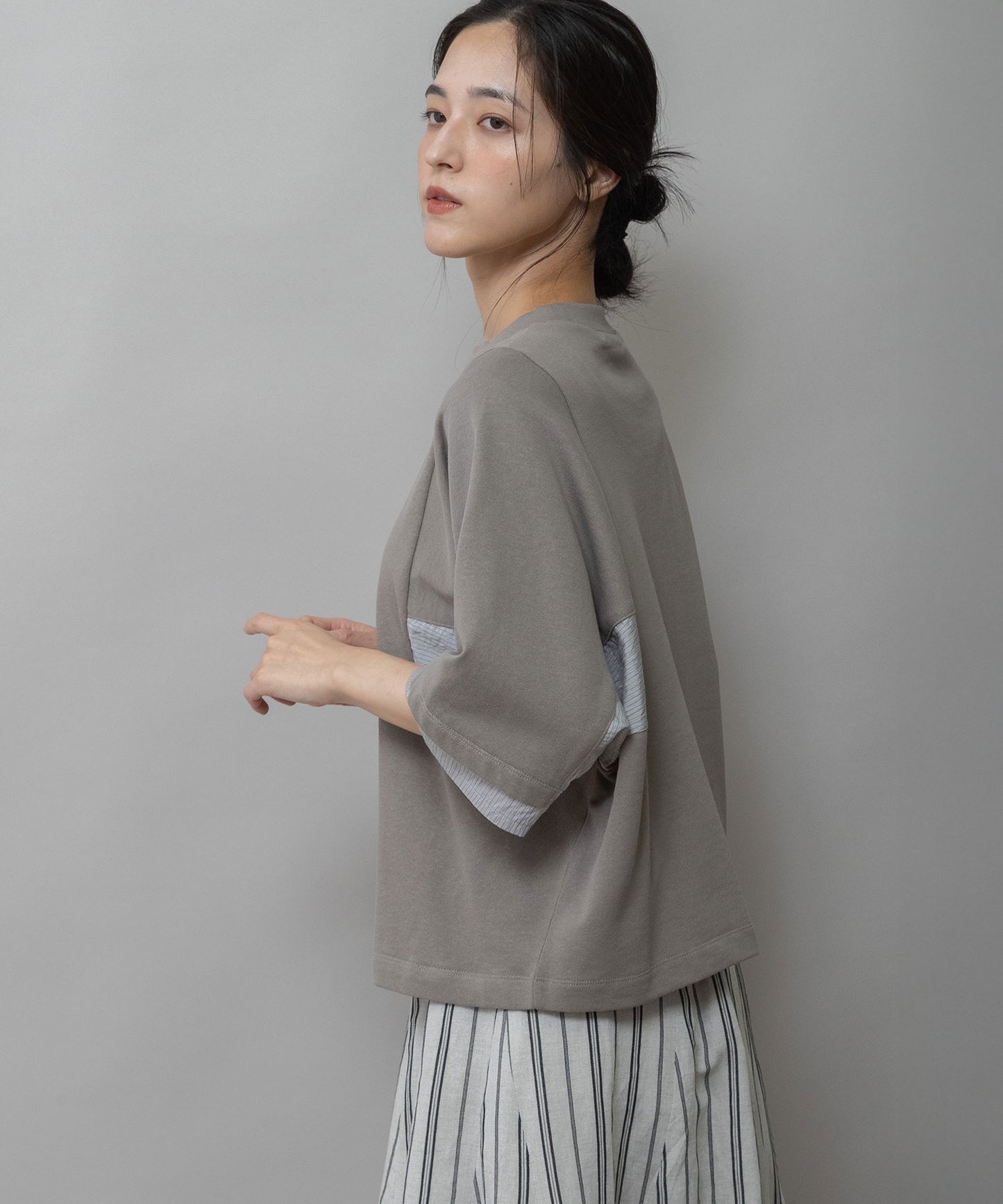 裏毛×ストライプドッキングTシャツ