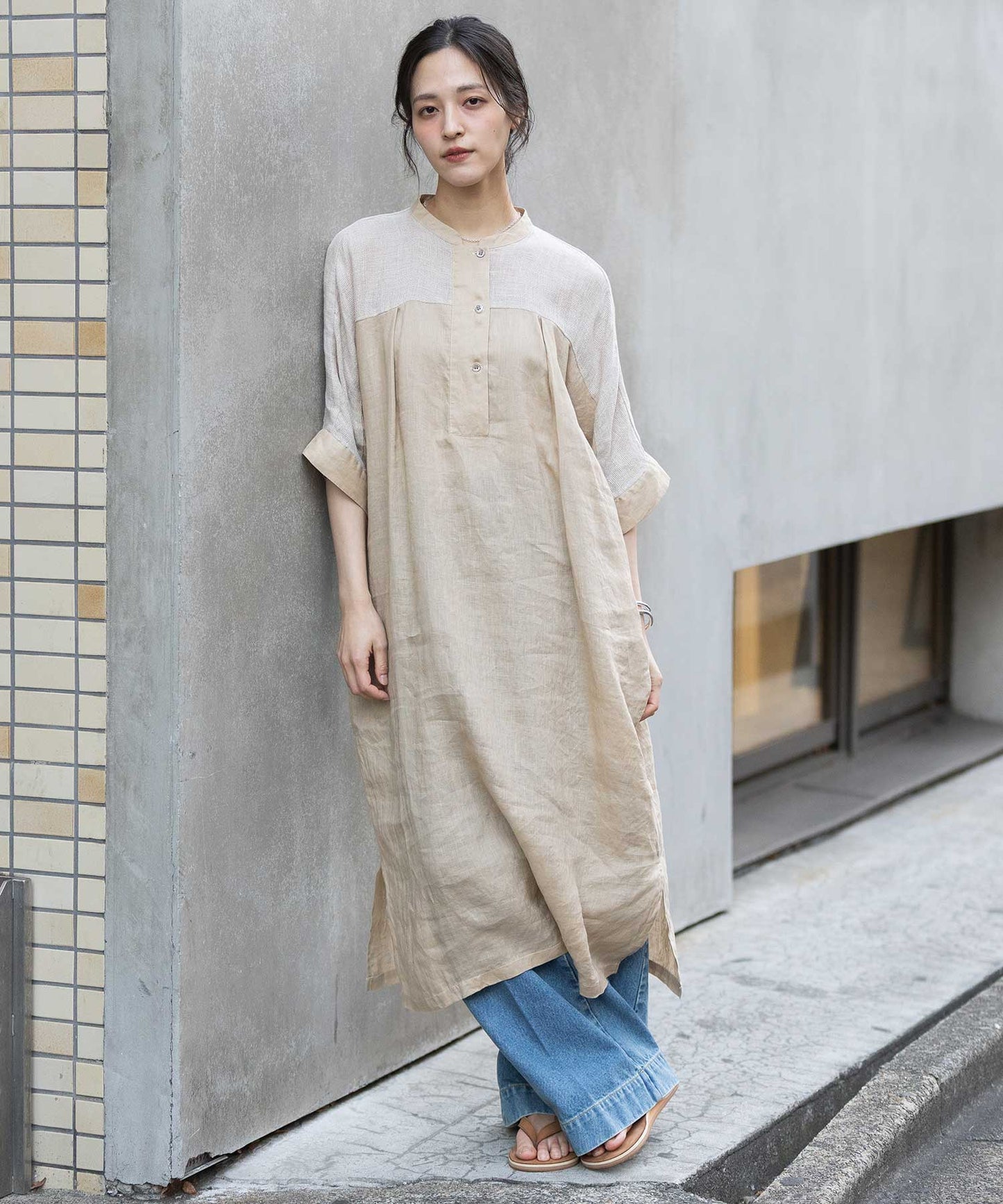 60sリネンキャンバス×40sリネンメッシュシャツワンピース