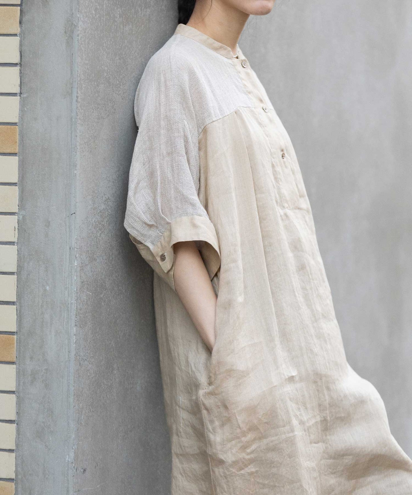 60sリネンキャンバス×40sリネンメッシュシャツワンピース