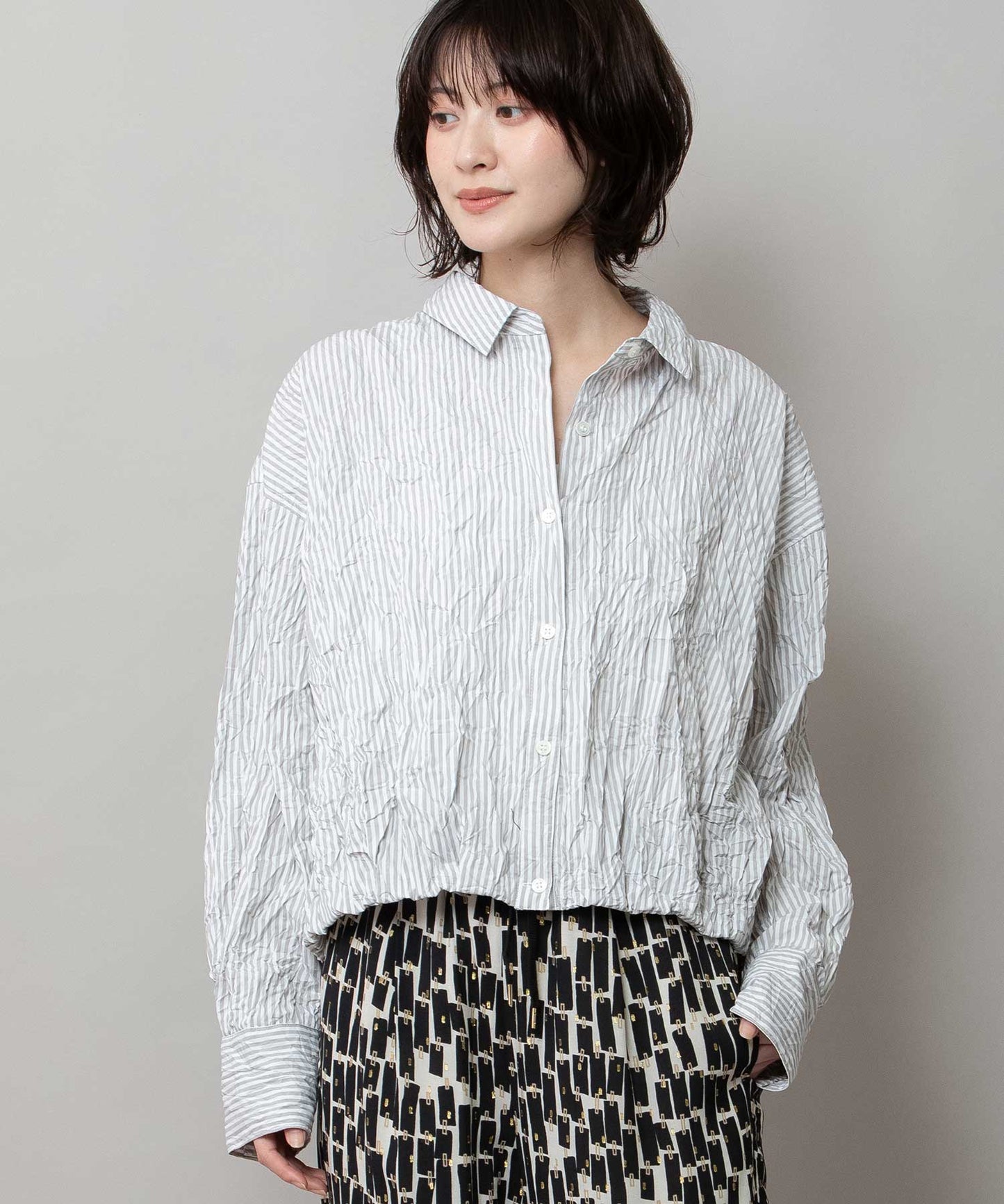 ワッシャーブロード＆ストライプバルーンシャツ