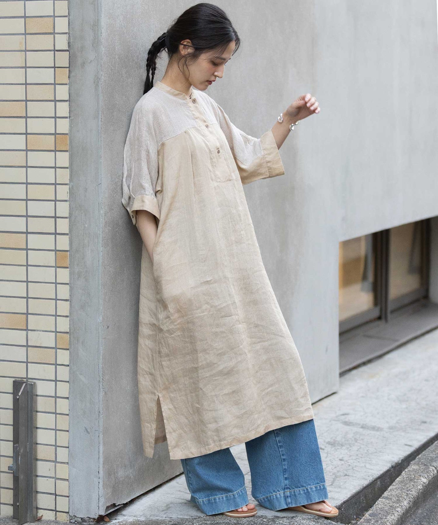 60sリネンキャンバス×40sリネンメッシュシャツワンピース