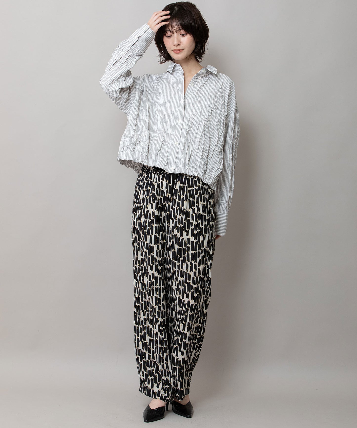 ワッシャーブロード＆ストライプバルーンシャツ