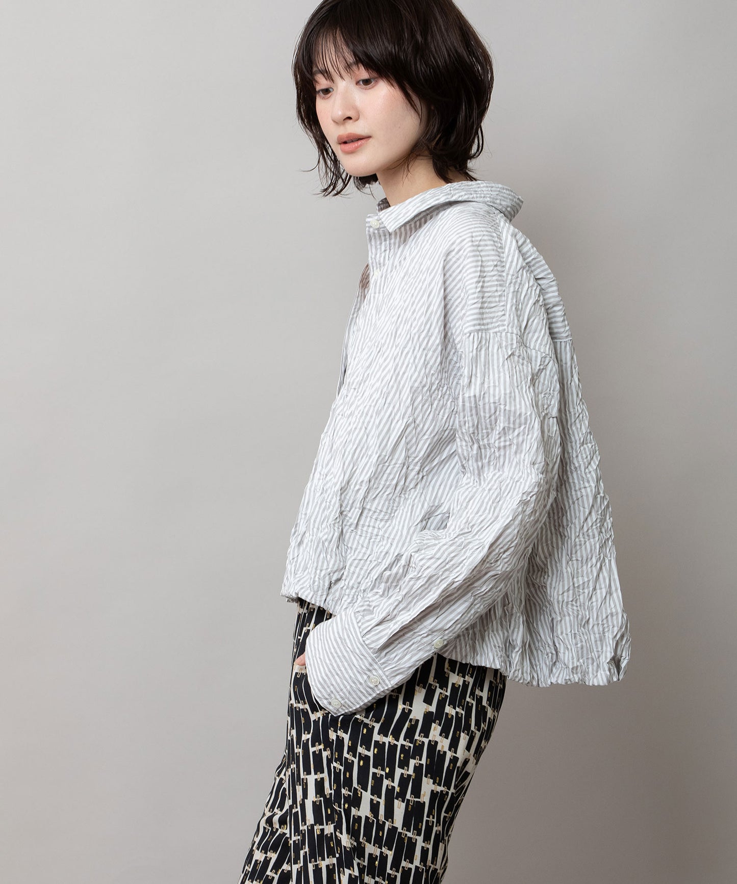 ワッシャーブロード＆ストライプバルーンシャツ
