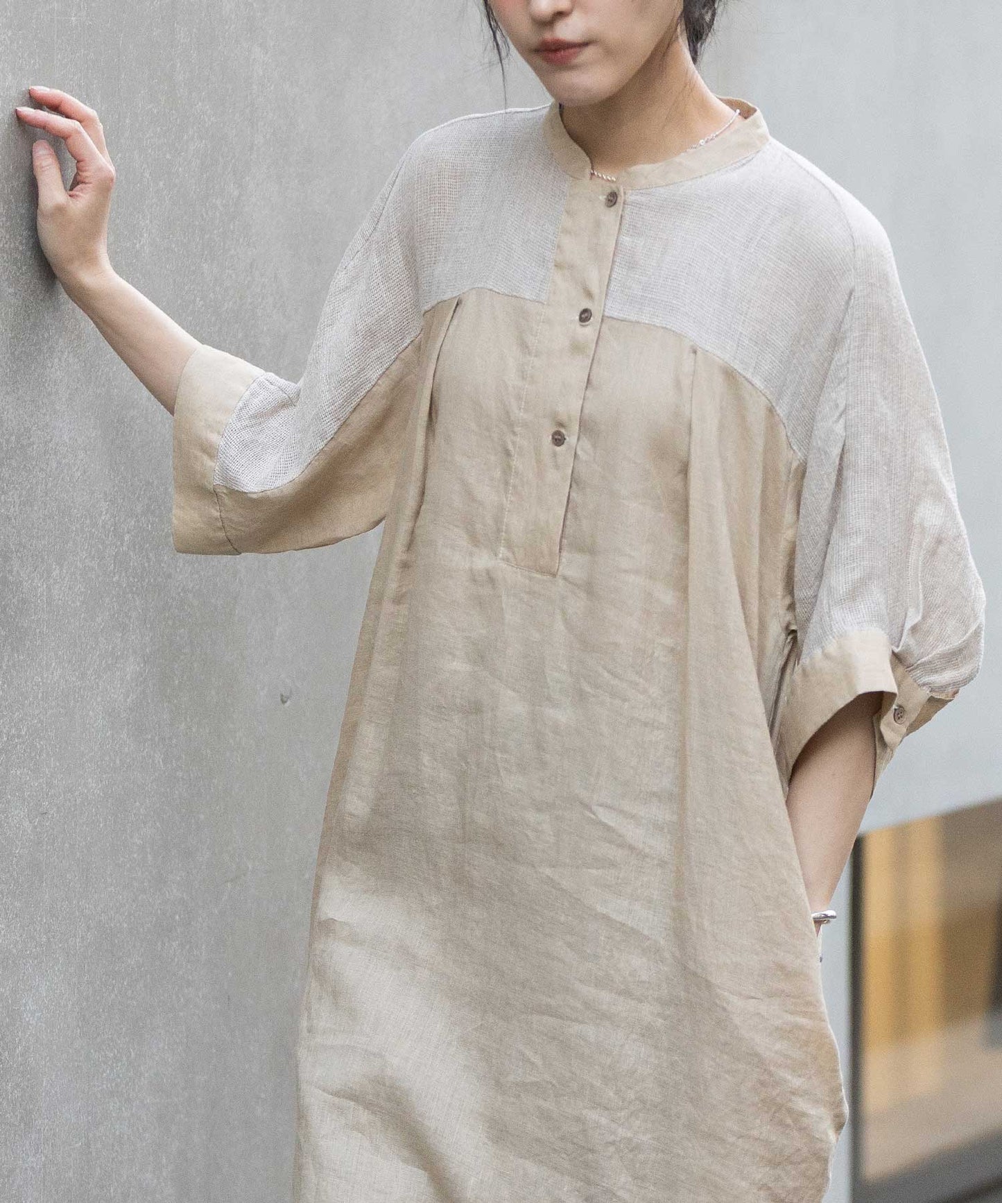 60sリネンキャンバス×40sリネンメッシュシャツワンピース