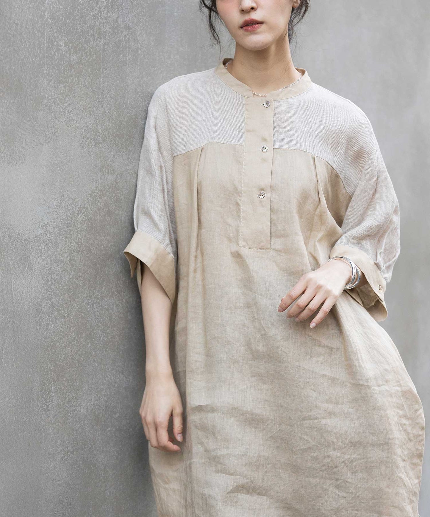 60sリネンキャンバス×40sリネンメッシュシャツワンピース