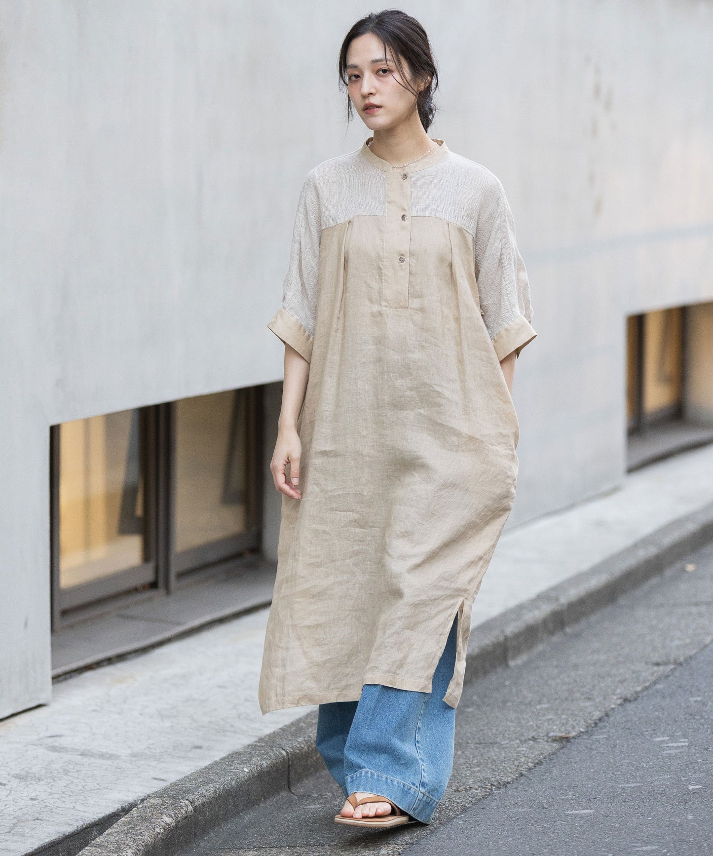 60sリネンキャンバス×40sリネンメッシュシャツワンピース