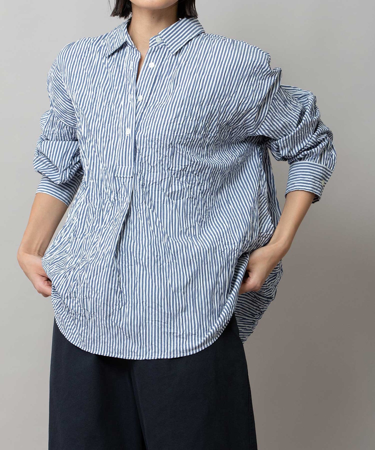 ワッシャーブロード＆ストライププルオーバーシャツ